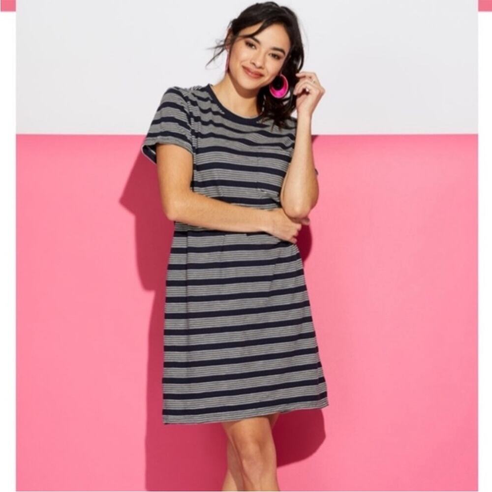 Pact blue and white stripe pocket t shirt dress 100% organic cotton nautical XS